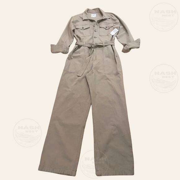 Abercrombie & Fitch L Tan Denim Utility Jumpsuit | Wide Leg Belt Cargo NWT $150 - Picture 11 of 11